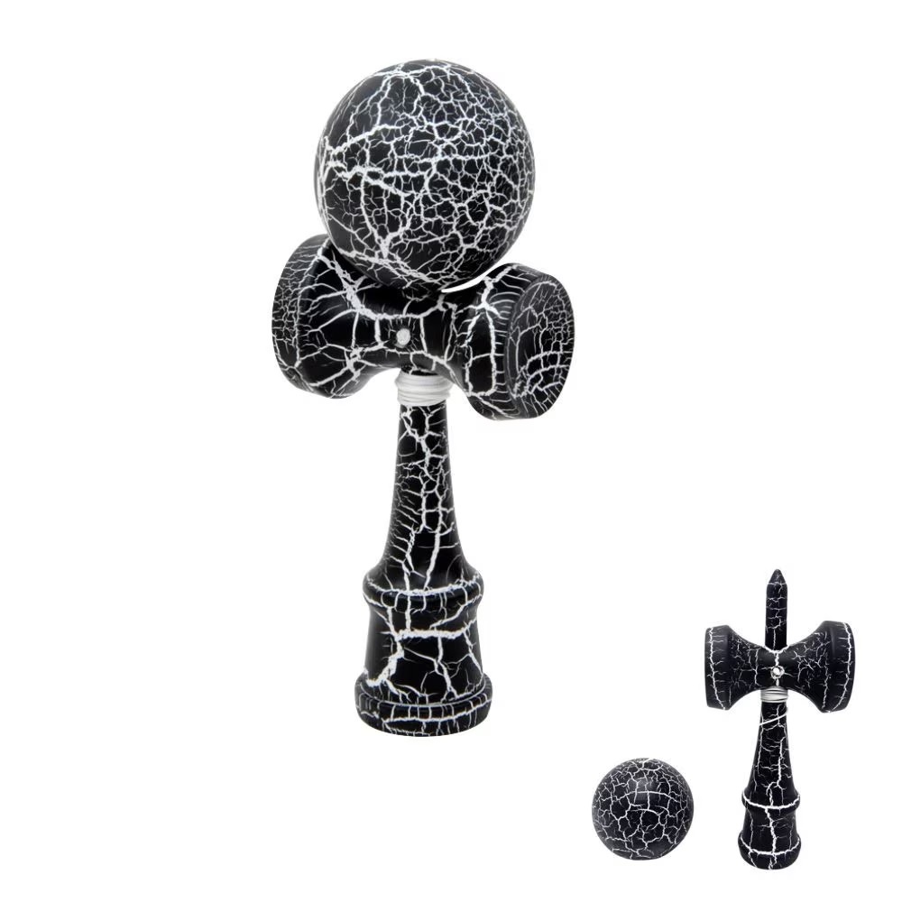 Kendama profesionala din lemn, model 18 cm, design crapat, culoare Negru/Alb