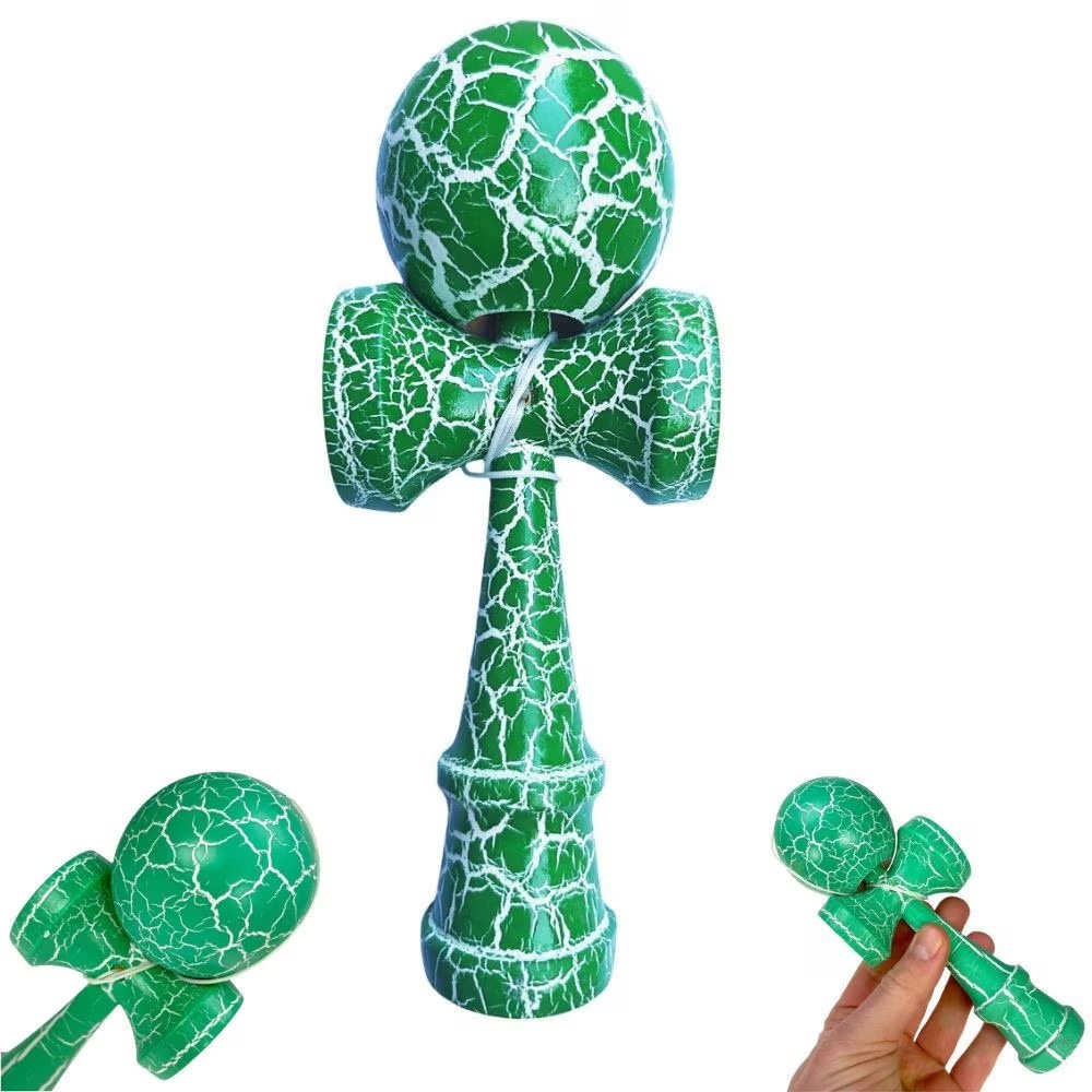 Kendama profesionala din lemn, model 18 cm, design crapat, culoare Verde/Alb - 1 | YEO