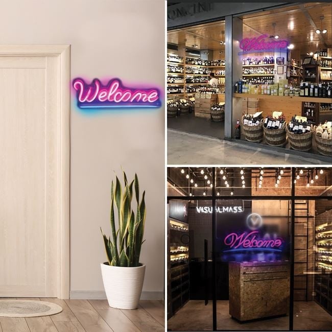Lampa LED neon colorat, model cu scris WELCOME, cu cablu de 1.8M inclus, 41x16 cm, roz/bleo - 2 | YEO