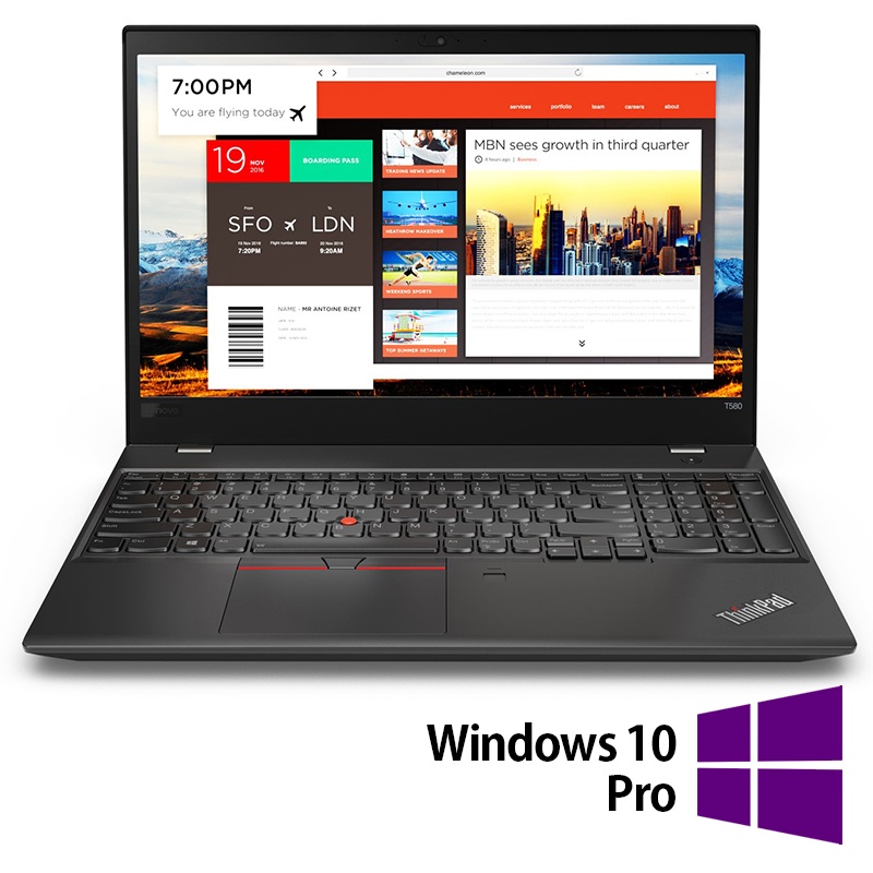 Laptop Refurbished LENOVO ThinkPad T580 Intel Core i5-8250U 1.70 - 3.40GHz 8GB DDR4 256GB SSD 15.6 Inch Full HD Webcam + Windows 10 Pro