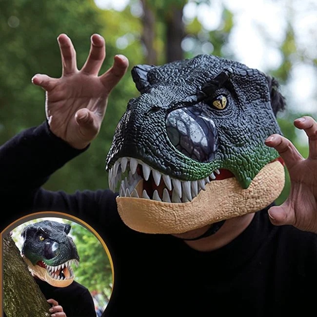 Masca dinozaur t-rex, cu sunet si lumina, din plastic, unisex, 28x23x24cm, 5+ ani, verde-galben