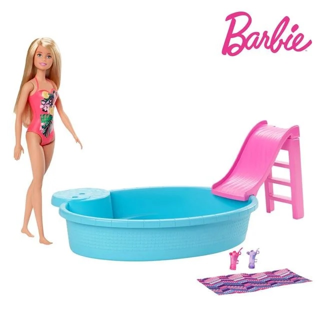 Papusa Barbie cu piscina, varsta 3+ ani, 33x7x33cm, albastru-roz
