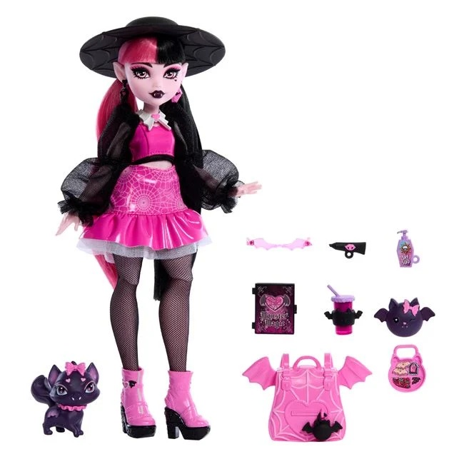 Papusa Monster High Draculaura cu accesorii incluse, varsta 4+ ani, 24x7x31cm, roz-negru - 3 | YEO