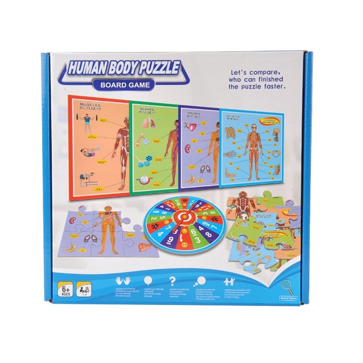 Puzzle Corpul uman cu ruleta, pentru maxim 4 peroane de 6 ani+, cu 4 categorii si 4 foi, multicolor
