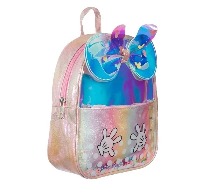 Rucsac Holografic cu Fundiță Glitter si Mărgele, PVC, 20x7x24cm, roz - 2 | YEO