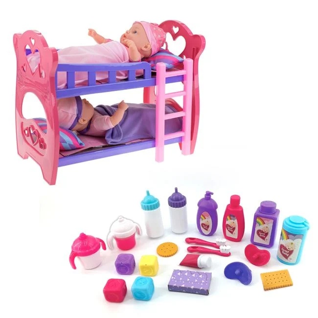 Set de joaca cu pat supraetajat si 2 papusi bebelus, include accesorii, varsta 2+ ani, 56x25x41cm, multicolor