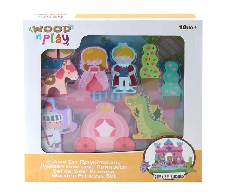 Set din Lemn Cărămizi de Construcție Castel & Figurine, 15 piese, 18 luni+, 30.5×30.5×31 cm