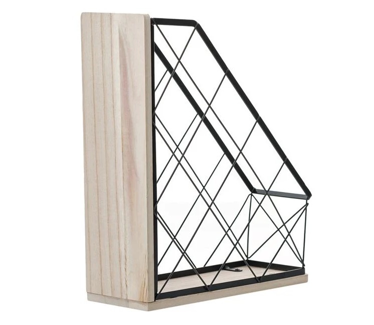 Suport Metalic pentru Dosare, cu Bază din Lemn, 27.5x10x34cm, negru/natur - 1 | YEO