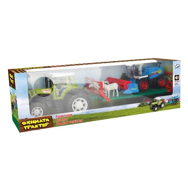 Tractor cu remorca, masina de treierat, cu 2 animale realiste, 67.5x19x20cm, multicolor