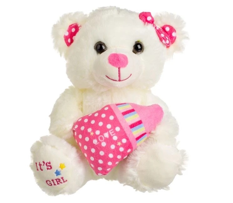 Ursuleț de Pluș cu Biberon Roz „It\'s a Girl”, poliester, 15×12×21 cm, ecru