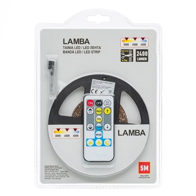 Banda strip light, autocolanta, cu telecomanda, 12V, lungime 5m, alb
