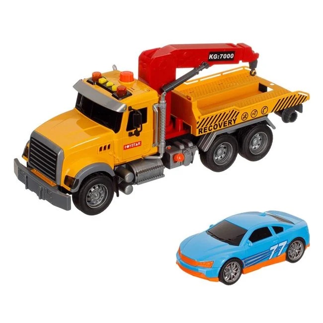 Camion macara cu platforma si masina, cu lumina si sunet, 42x14x21cm, multicolor