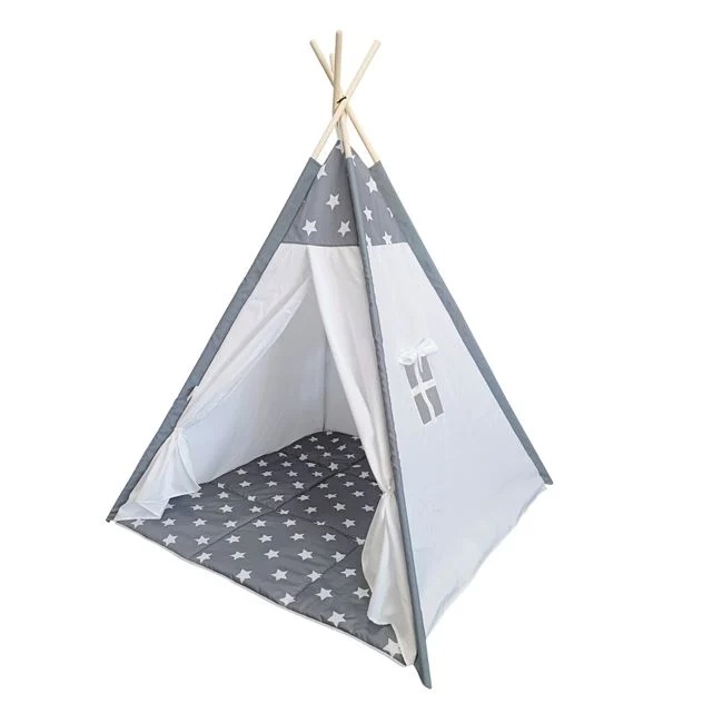Cort de camera pentru copii, tip indian, dimensiuni 120x120x150cm, alb-gri - 1 | YEO