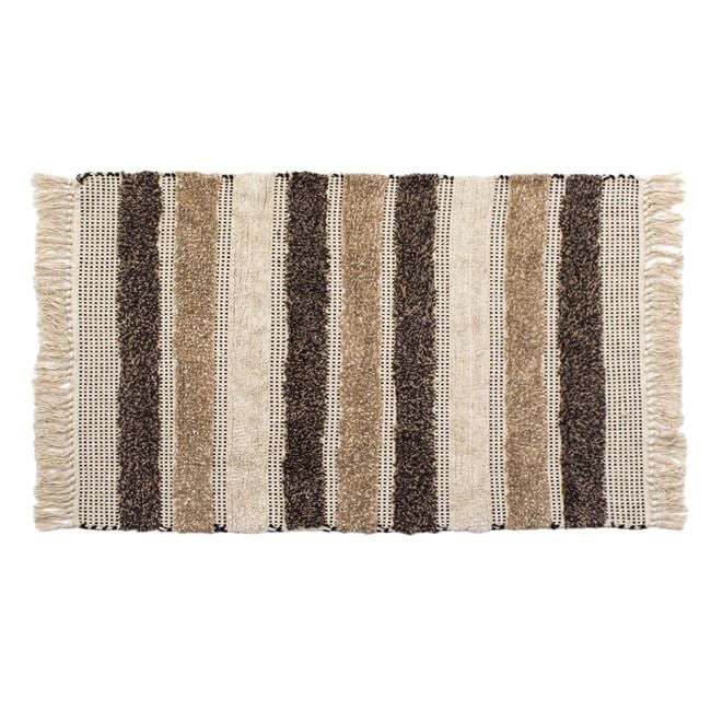 Covoras decorativ pentru iarna, din bumbac, model cu dungi reliefate si franjuri, 100x70 cm, maro/bej