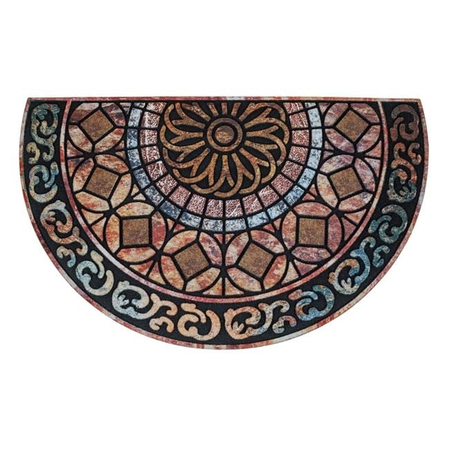 Covoras in forma de semicerc pentru intrare, din cauciuc cu suprafata textila, model reliefat tip mandala, 75x45 cm, multicolor