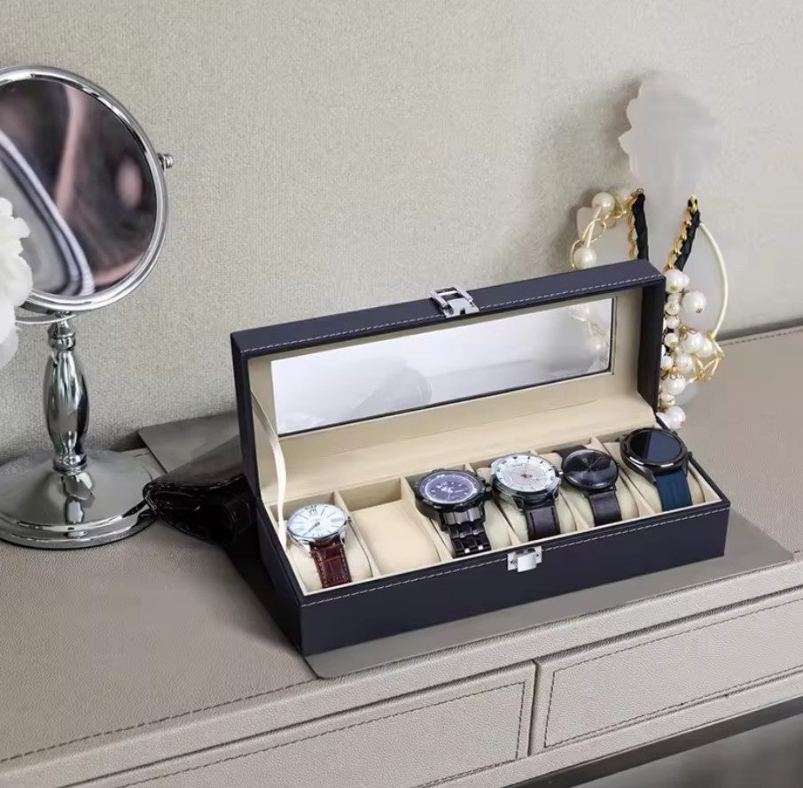Cutie de depozitare pentru 6 ceasuri, din piele ecologica, design elegant, negru - 1 | YEO