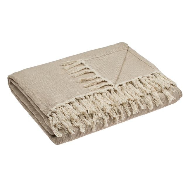 Cuvertura decorativa din bumbac pentru canapea de trei locuri, model cu franjuri, 280x170 cm, bej - 1 | YEO