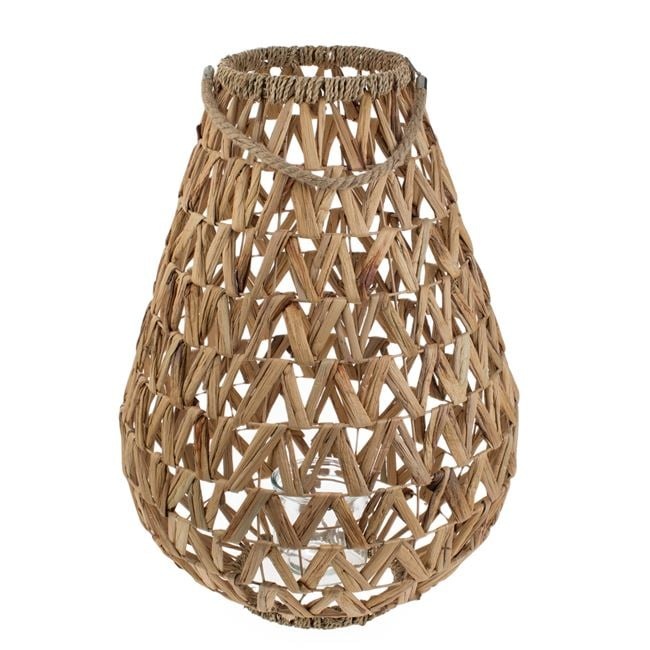 Felinar decorativ oval de podea, cu rama metalica si impletitura din hiacint acvatic si maner de sfoara, cu suport din sticla pentru lumanari, Ø45x65 cm, maro