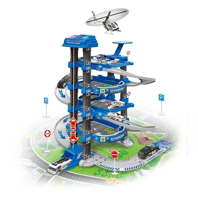 Garaj de politie cu 3 nivele, include covor, semne de circulatie si 8 vehicule, cu sunete si lumini, 76.5x9x39.5cm, multicolor