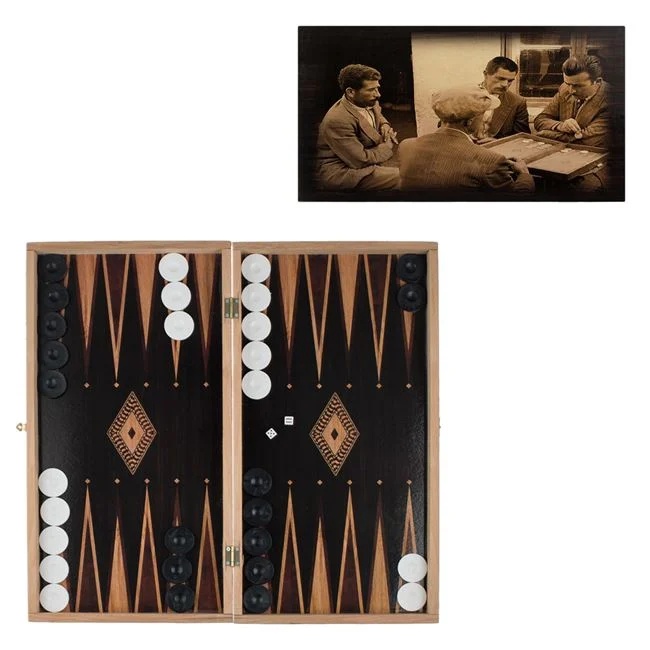 Joc de table cu gravura sepia, include piese si 2 zaruri, 50.5x47.5cm, alb-negru