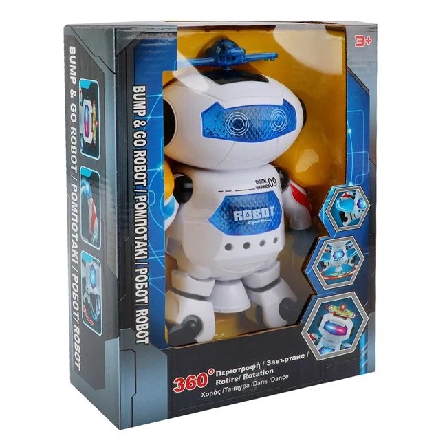 Jucarie robot dansator, cu lumini si sunet, functie bump and go, albastru-alb