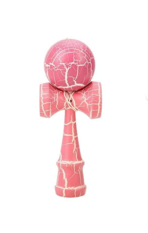 Kendama profesionala din lemn, model 18 cm, design crapat, culoare Roz/Alb
