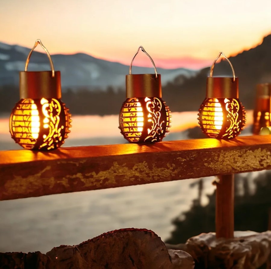 Lampa solara decorativa tip glob, stil felinar rustic, IP65, cu lumina galben-portocalie tip flacara - 2 | YEO