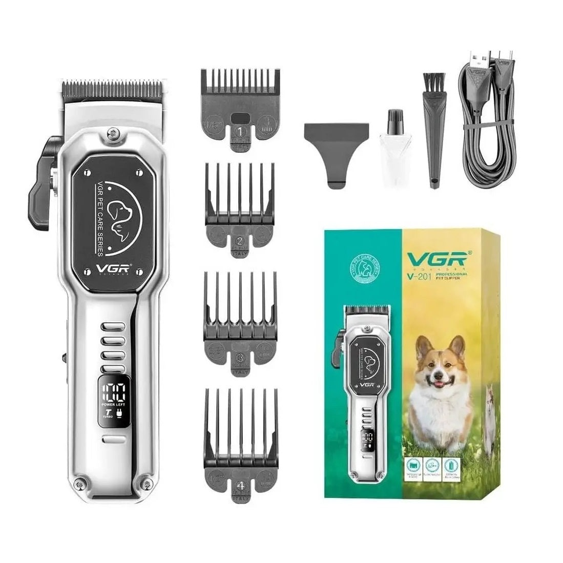 Masina de tuns profesionala pentru animale de companie, VGR V-201, Fara Fir, Funcție Turbo, Afișaj LED, Argintiu