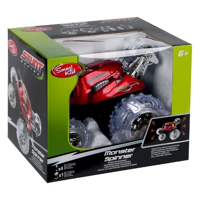 Masina monster spinner, cu telecomanda si lumini, functii complete si rotire la 360grade, 23.5x18.5x19cm, negru-rosu