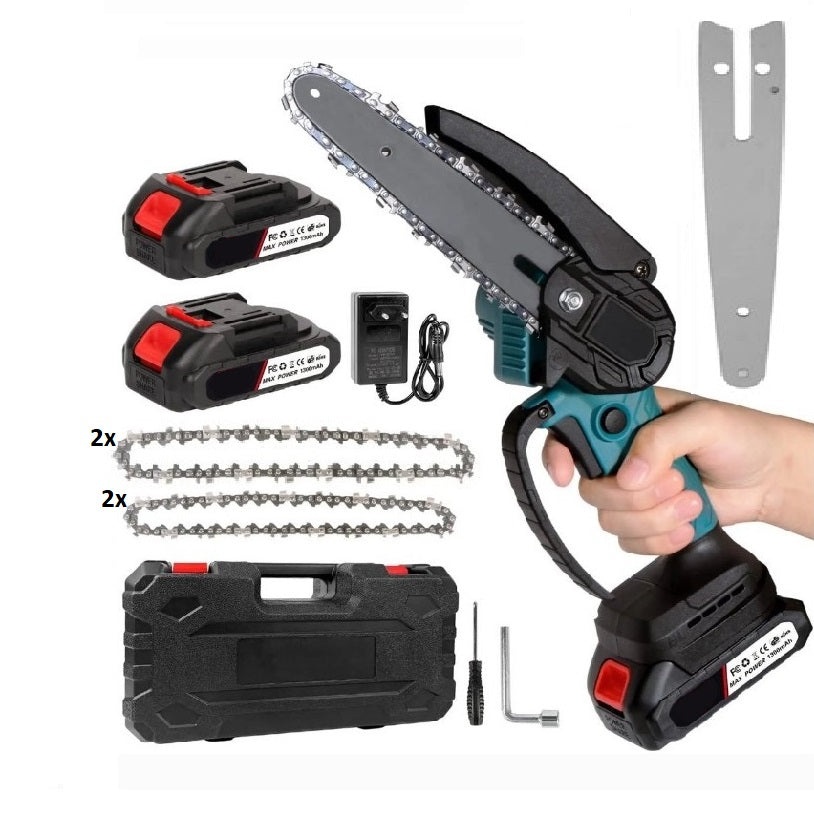 Mini drujba electrica fara fir, cu lama de 6 inch 15cm, 2 lanturi, 2 acumulatori 1300mAh si o putere de 300W