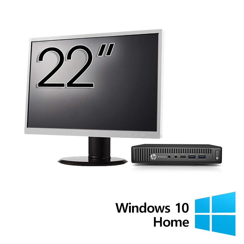 Pachet Calculator Refurbished HP EliteDesk 800 G2 Mini PC Intel Core i5-6500 3.20-3.60GHz 8GB DDR4 256GB SSD + Monitor 22 Inch + Windows 10 Home