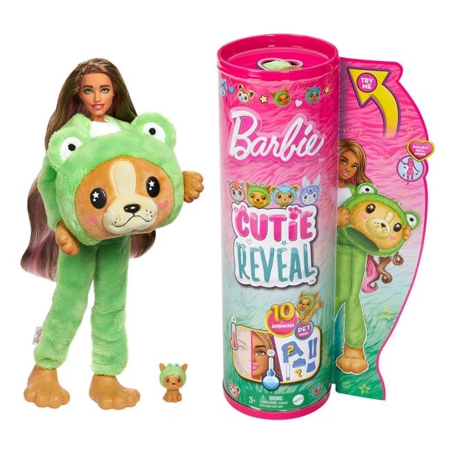 Papusa Barbie Cutie Reveal model broscuta, varsta 3+ ani, dimensiuni 10x32.5cm, verde