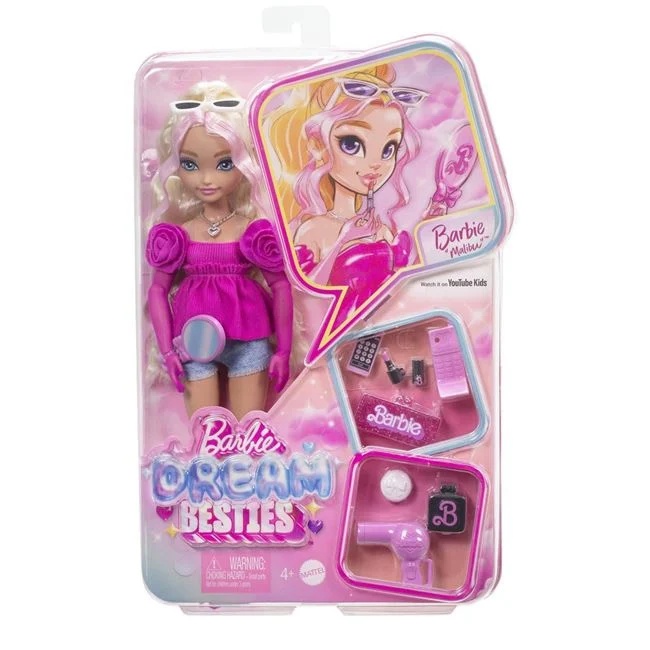 Papusa Barbie Dream Besties Malibu, cu 11 accesorii incluse, varsta 4+ ani, 21x6x31cm, multicolor