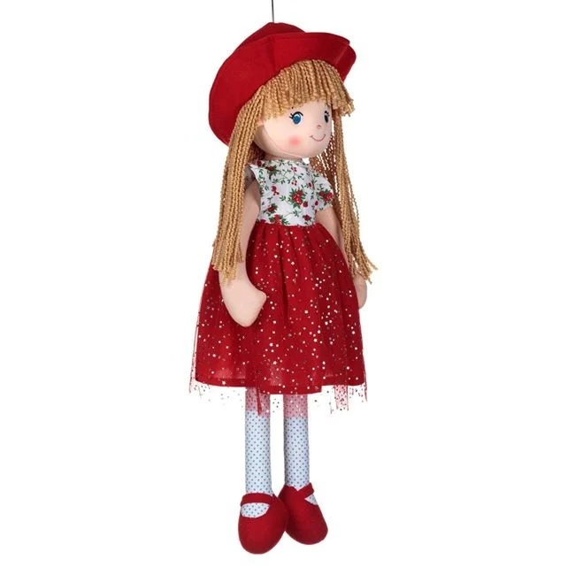 Papusa textila, cu rochie rosie si palarie, dimensiuni 60cm, alb-rosu - 2 | YEO