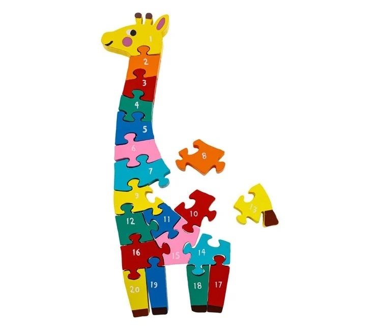 Puzzle din Lemn cu Cifre Colorate, model Girafă, 3ani+, 11x28 cm