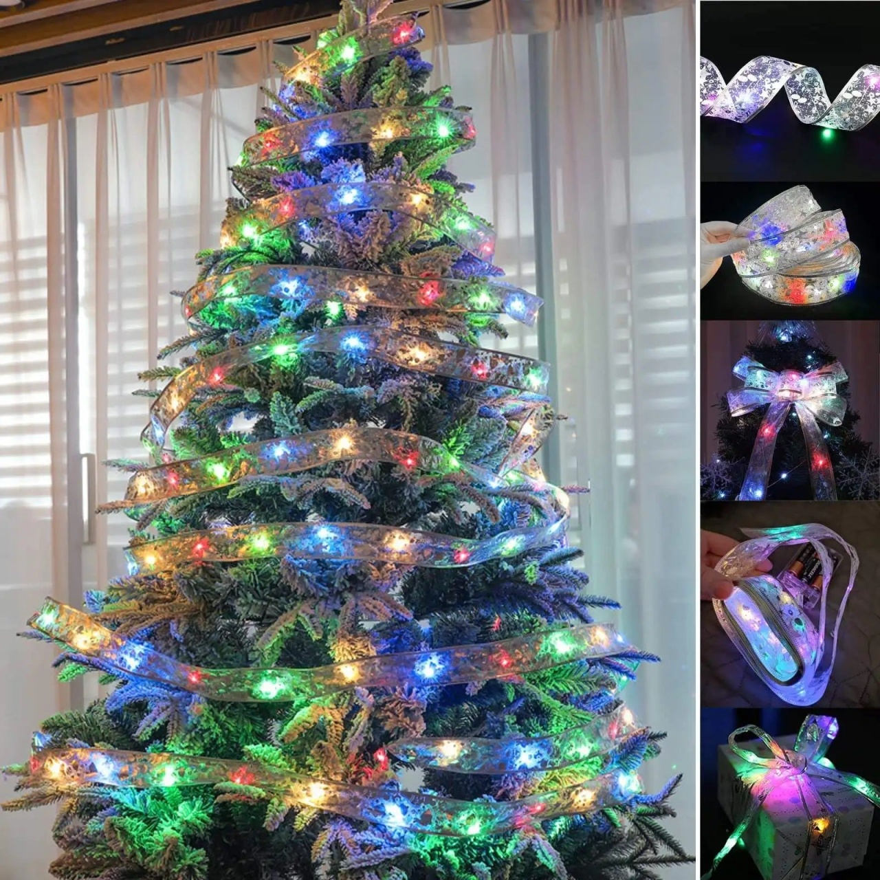 Set 2 Panglici Luminoase pentru Craciun, 5m, 50 de LED-uri RGB, cu Baterii, Lumina Multicolora, Argintiu - 1 | YEO
