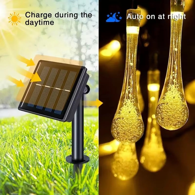 Set cu 2 Ghirlande Solare, 2x6m cu 2x30 LED-uri, Stil Picaturi de Apa, IP65, Lumina Alba Calda - 3 | YEO