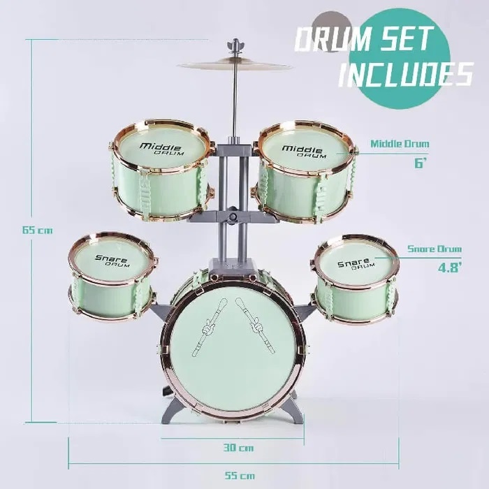 Set cu 5 tobe de jazz, un chimval metalic, 2 ciocane si un scaunel, pentru copii 3 ani+, verde/roz - 3 | YEO