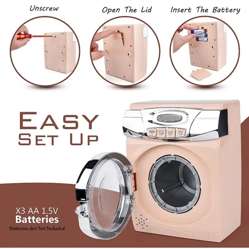Set masina de spalat rufe si fier de calcat, pentru copii 3 ani+, cu sunete si lumini, accesorii realiste, functii tactile, crem - 3 | YEO