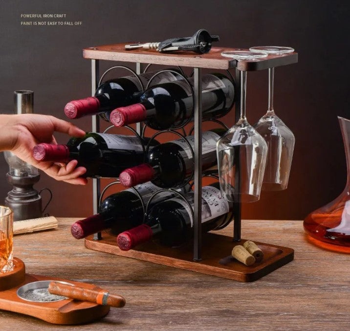 Suport pentru 6 sticle vin si 2 pahare, din otel si lemn, 34x16x35 cm, negru-maro - 1 | YEO