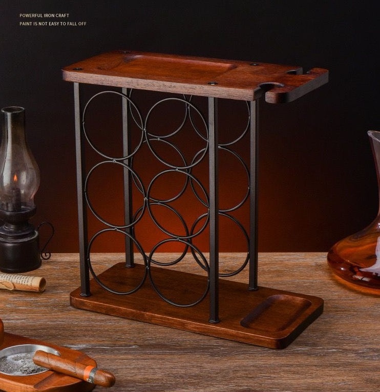 Suport pentru 6 sticle vin si 2 pahare, din otel si lemn, 34x16x35 cm, negru-maro - 3 | YEO