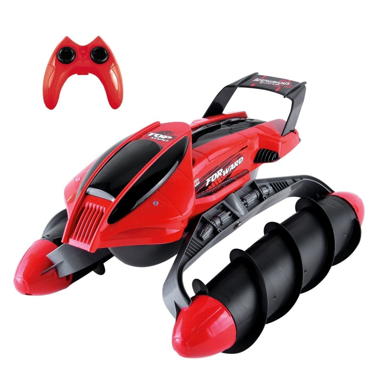 Vehicul Amfibie de Jucarie cu Telecomanda, se Deplaseaza pe Sol si Apa, 37x29x18cm, Rosu/Negru