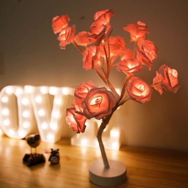 Veioza decorativa cu LED-uri cu lumina alba, in forma de copac cu trandafiri cu ramuri reglabile, 2 moduri de iluminare, pornire touch, 48 cm, roz/alb - 3 | YEO