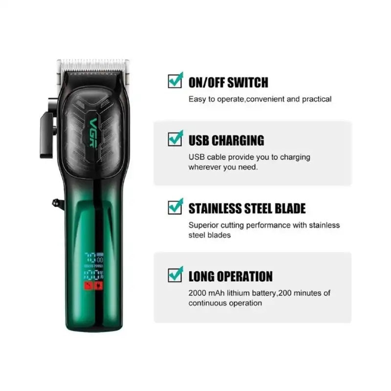 Aparat de Tuns Fara Fir, VGR V-654, Lame din Otel Inoxidabil, Baterie 2000mAh, Incarcare USB, 6 Distantiere, Verde-Negru - 1 | YEO