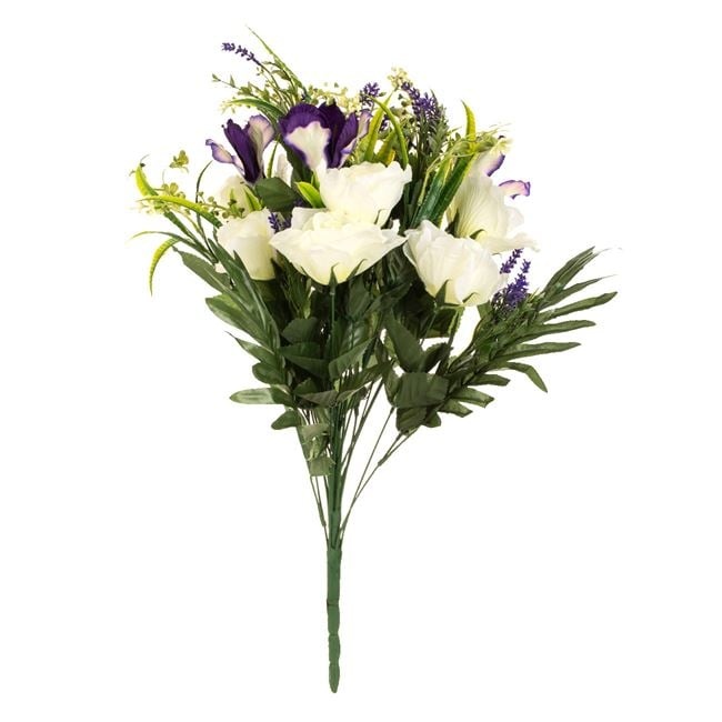 Buchet din flori artificiale, trandafiri albi si irisi mov cu frunze verzi, 60 cm, alb/mov