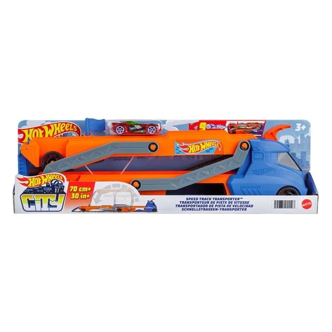Camion de lansare Hot Wheels care se transforma in pista, include 1 masina Hot Wheels, 43x7.5x13cm, multicolor