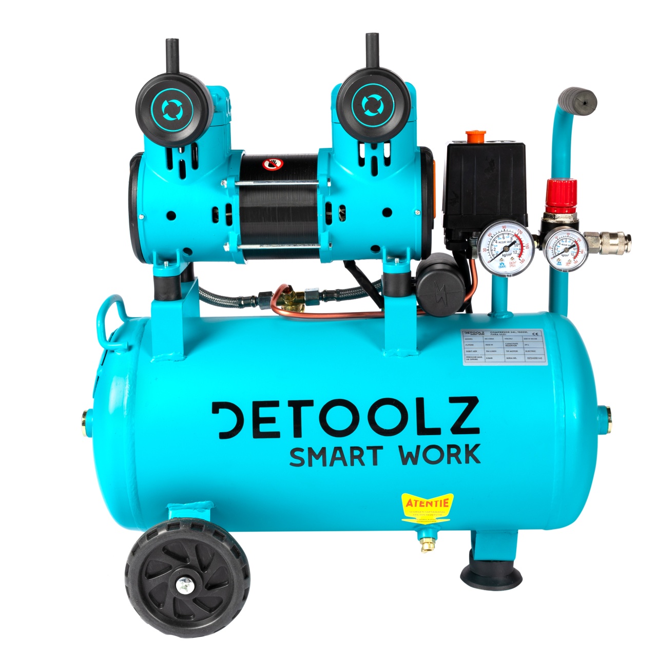Compresor Detoolz 24L fara ulei 1500 W debit 154L/min 8 bar 2 prize de aer