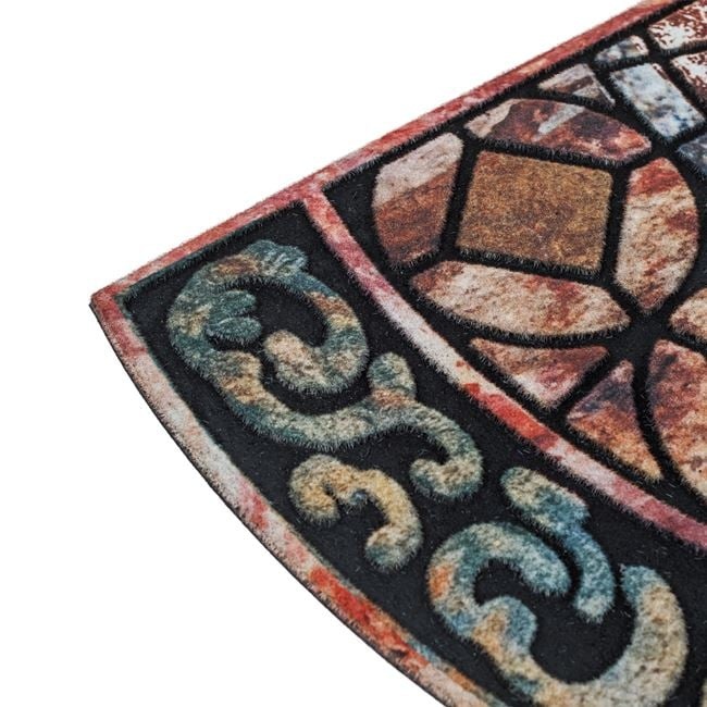 Covoras in forma de semicerc pentru intrare, din cauciuc cu suprafata textila, model reliefat tip mandala, 75x45 cm, multicolor - 1 | YEO