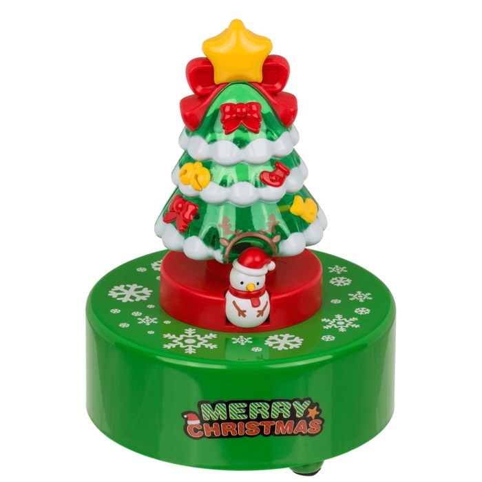 Cutie muzicala in forma de brad de Craciun, din ABS, rotativa si cu lumini, 12x7x14cm, verde cu rosu si galben - 2 | YEO