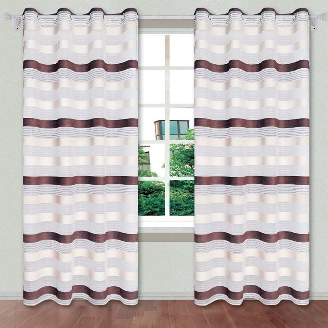 Draperie decorativa , grad de umbrire scazut -lasa lumina sa treaca, model cu dungi, cu inele, 140x250 cm, maro/bej - 1 | YEO